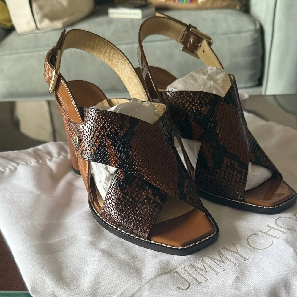 NWT Jimmy Choo Aix 85 Snake Printed Leather Sandals in Cuoio, Size 35.5